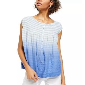 Free People Little Bit of Something Blue Ombre Tie-Dye Cotton Boho Blouse Sz M